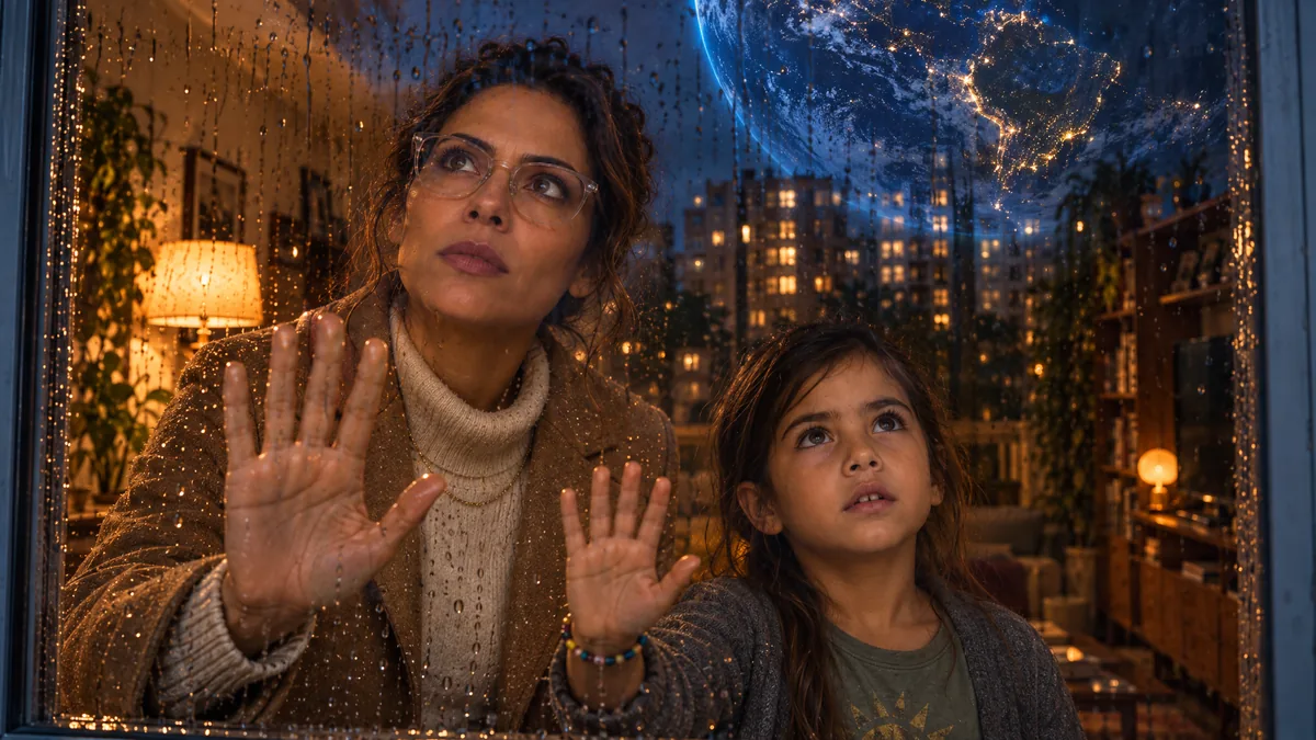 Maia and her daughter Helena press their hands to a rainy window at night; the Earth fills the sky over São Paulo.