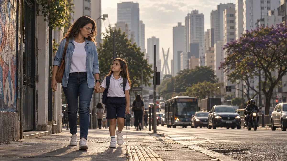 Maia walks Helena to school on a São Paulo street.