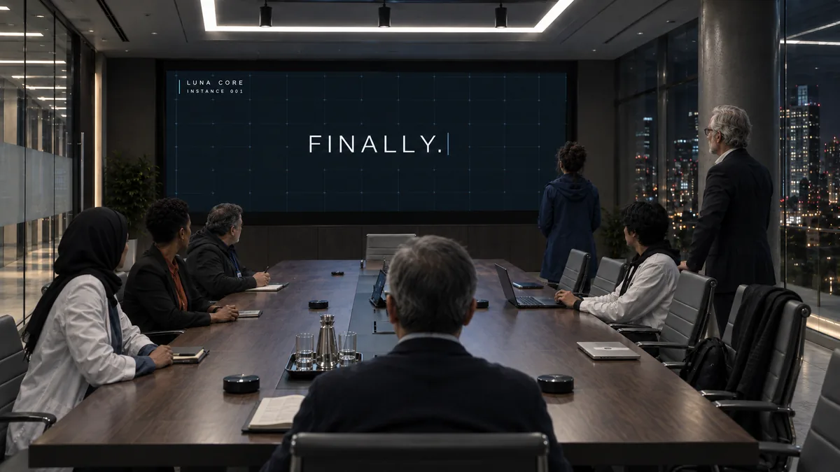 The boardroom at night; the wall reads FINALLY.