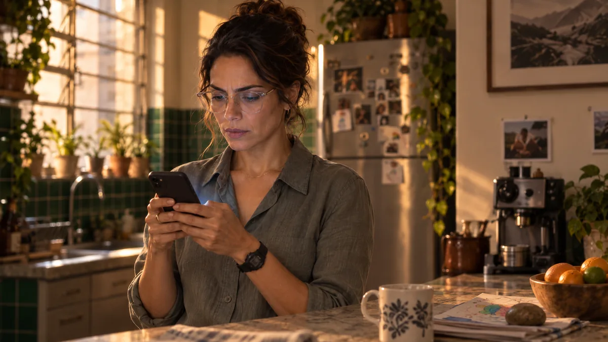 Maia reads a message in her kitchen.