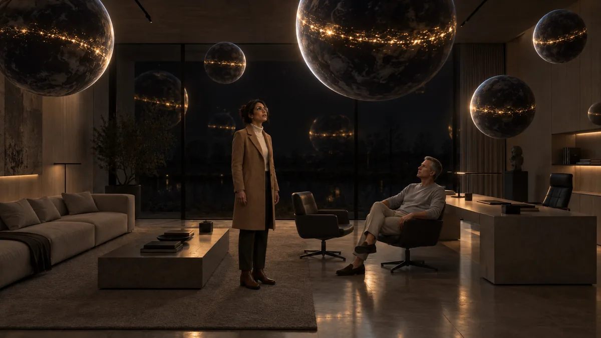 Worlds hang in the dark above an office.